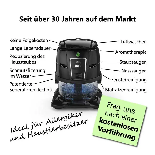 Das Bild zeigt einen Hyla Defender Est Wasserstaubsauger, mit dem Hinweis darauf, dass dieser für die Luftwäsche eignet, sowie zum Staubsaugen, Nasssaugen, Staub wischen, Fenster reinigen, Polster reinigen Matratzen reinigen.